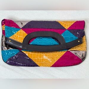 Vintage 80’s Nine West Multicolor Patchwork Faux Leather Foldover Clutch Handbag